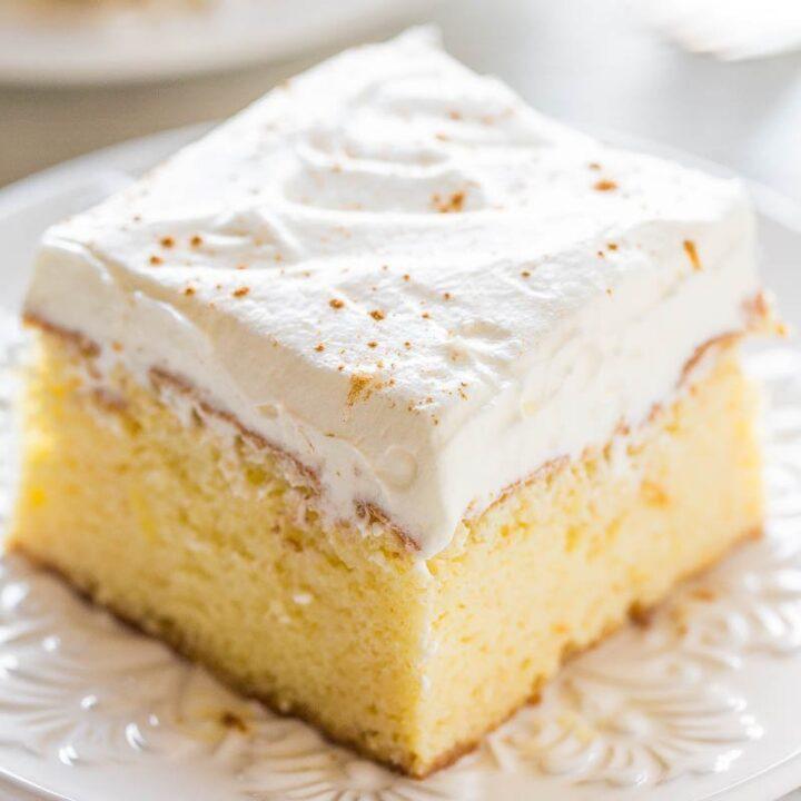 Tres Leche Sliced Cake · A tres leches cake (translation: three milks cake) is a sponge cake—in some recipes, a butter cake—soaked in three kinds of milk: evaporated milk, condensed milk, and heavy cream.