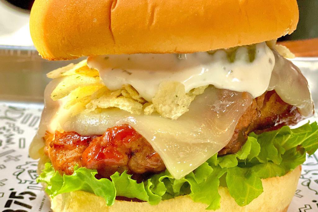 BBQ Ranch Sandwich · Potato Roll, Buttermilk Fried Chicken, BBQ, Munster Cheese, Sour Cream ＆ Onion Chips, Ranch, Pickles