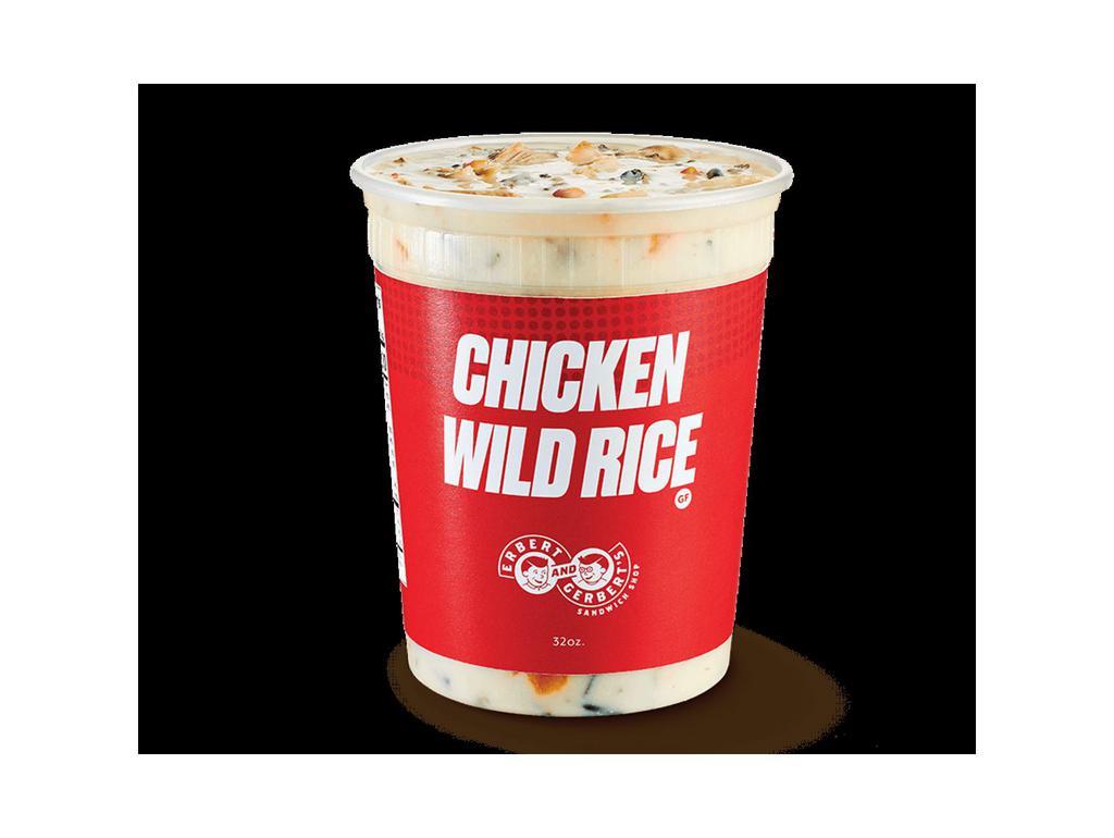 Chicken Wild Rice - Giant · A delicious and hearty soup loaded with wild rice, tender chicken pieces and carrots, finished with a touch of real cream. All giant soups are 32-ounce and ready for sharing, with four cups, spoons and crackers included.
