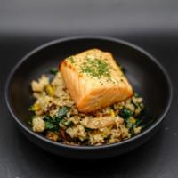 Miso Glazed Salmon Bowl · verlasso salmon, organic koda farm brown rice, organic market vegetables, parsley, and soy v...