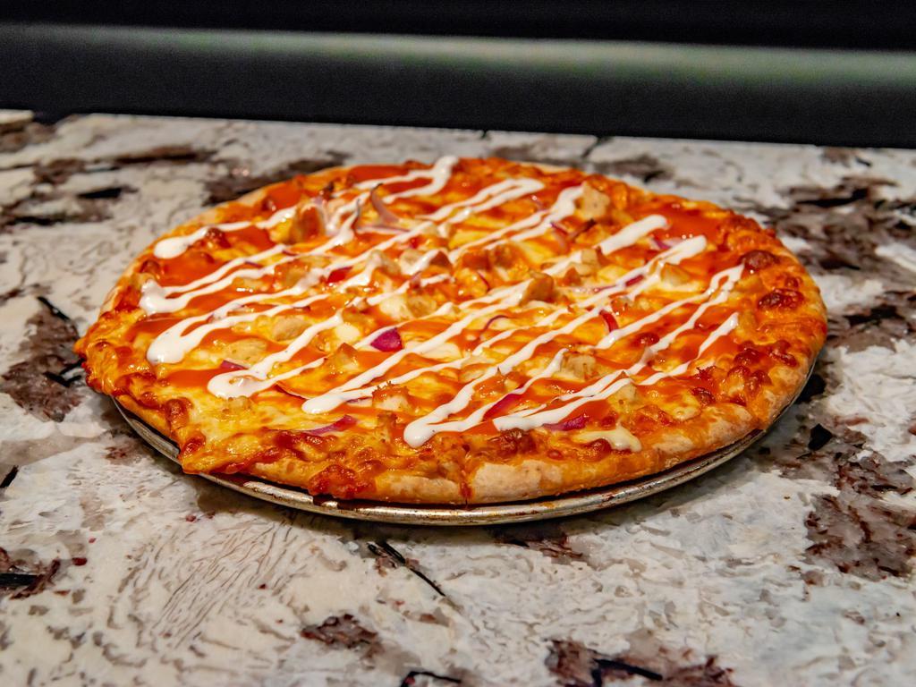 Buffalo Chicken Ranch Special Pizza · Hot sauce base, mozzarella provolone blend cheese, chicken, and red onions. Drizzled with mild sauce and ranch.