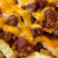 Chili Cheese Fries · Your choice of our fried crinkle cut fries or seasoned potato wedges. Topped with our signat...