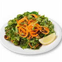 Kale Avocado Salad · Kale, avocado, sunflower greens, carrots, raisins, lemon, sunflower seeds, apple cider vineg...