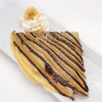 Chunky Monkey Crêpe · Peanut butter + Chocolate + Sliced bananas. Served with a sprinkle of powdered sugar and whi...
