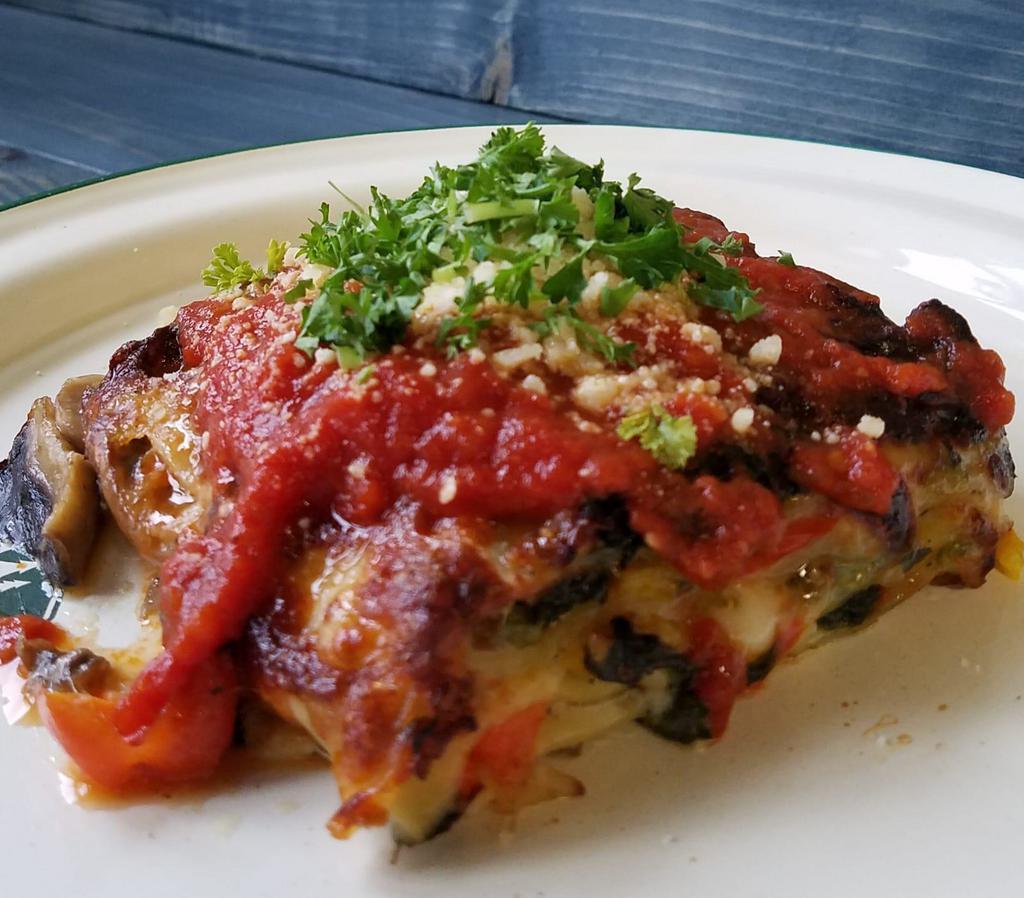 Vegetarian Lasagna  · Oven BAKED, with spinach, bell peppers and mushrooms 