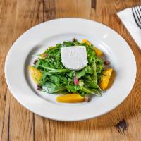 Baby Arugula Salad · Baby arugula, orange, pickled red onions, goat cheese and toasted pistachios. Gluten free.