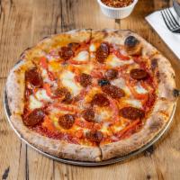 Chorizo Pizza · Tomato sauce, fior di latte mozzarella, manchego cheese, spicy chorizo and roasted red peppe...