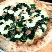 Sausage and Roasted Kale Pizza · Italian sweet sausage, roasted organic kale, fior di latte, valle d'aosta fontina cheese.