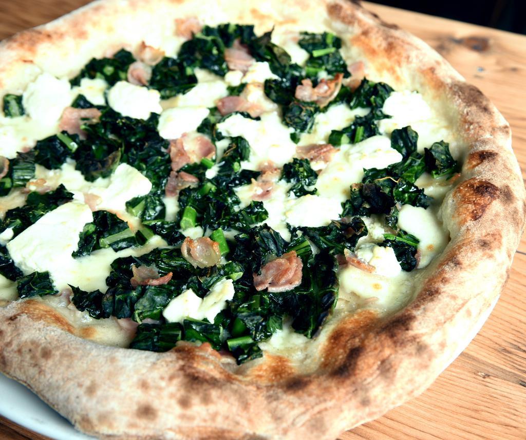 Sausage and Roasted Kale Pizza · Italian sweet sausage, roasted organic kale, fior di latte, valle d'aosta fontina cheese.