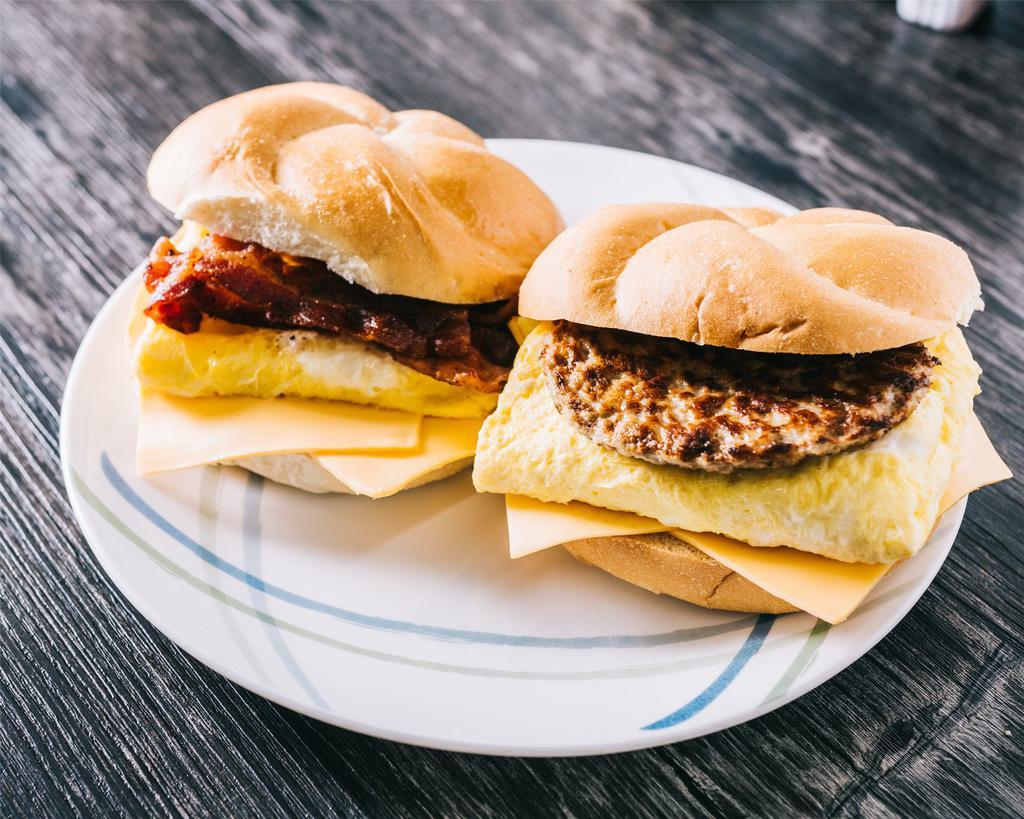 Sausage, Egg and Cheese on Roll · Served on a think soft bread roll.