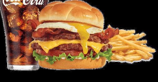 Royale Steakburger Combo · two 2 oz. patties with American cheese, two strips of bacon, a fried egg, mayo lettuce and tomato on a toasted bakery knotted bun 
