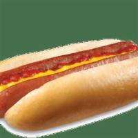 Classic Steak Frank · all beef hot dog in a toasted hot dog bun topped with ketchup and mustard 