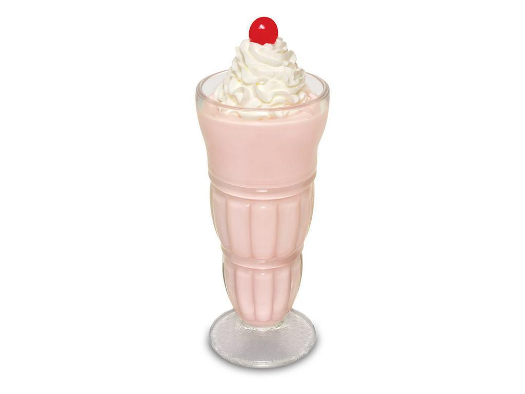 Strawberry Milkshake · A cool, satisfying, classic shake full of strawberry flavor made with real milk. Topped with whipped cream and a cherry.