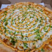 Southern Chicken Pizza · Mozzarella Cheese, Grilled Chicken, Harissa Aioli, Green Onion and Black Sesame Seeds.