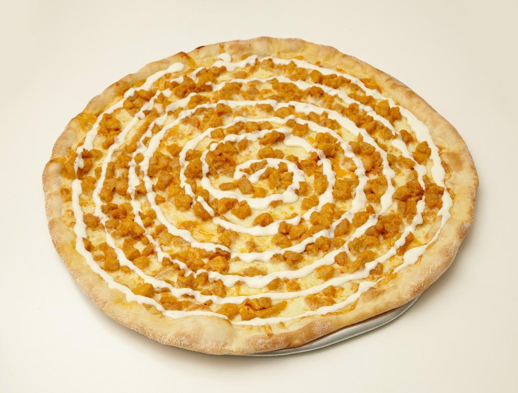 Buffalo Chicken Pie · Buffalo chicken, Buffalo sauce, mozzarella cheese and blue cheese on top.