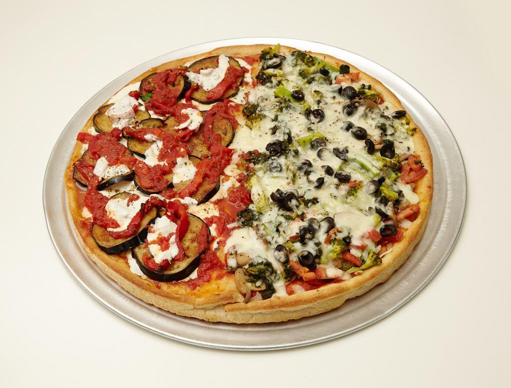Vegetable Pie · Spinach, broccoli, mushrooms, peppers, black olives, onions, fresh tomatoes. Available without cheese.