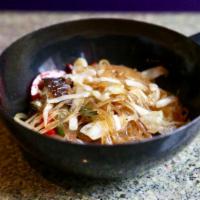 Jap Chae · Wok stir fried glass noodles with assorted vegetables, soy and sesame (vegetarian or beef).