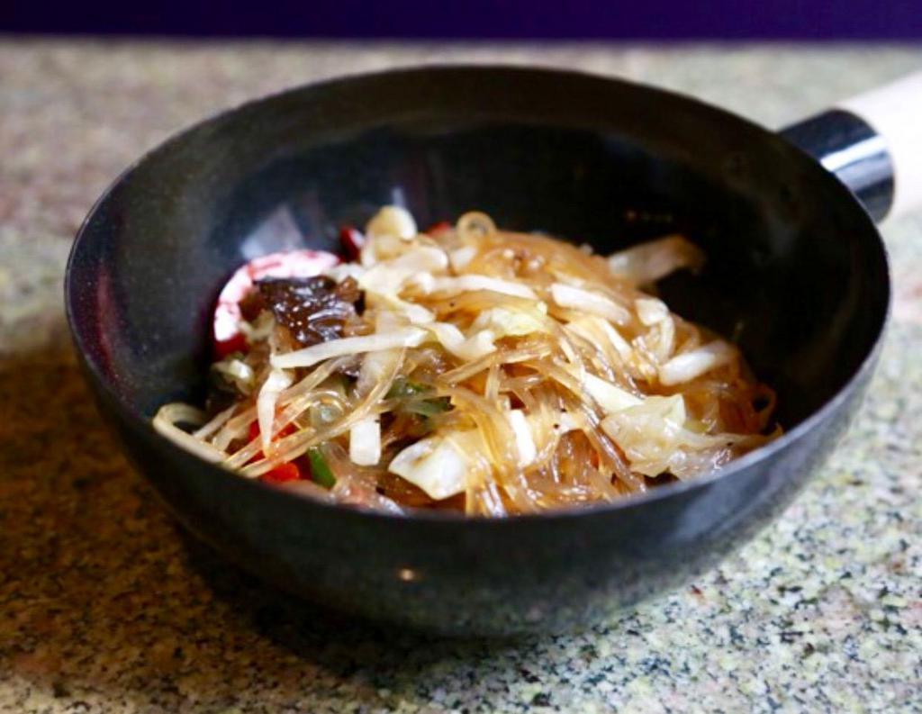 Jap Chae · Wok stir fried glass noodles with assorted vegetables, soy and sesame (vegetarian or beef).