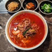 Yook Ke Jang · Spicy shredded beef soup with glass noodles, shiitake, scallion and egg