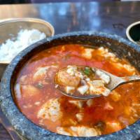Soon Doo Boo · Spicy red chili stew with silken tofu (beef, seafood, kimchi , vegetable, plain)