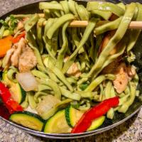 Gooksu · Green noodles sautéed with assorted vegetables in a soy, garlic and sesame sauce. 