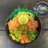 Poke Salmon Bowl · Sushi rice, salmon, spicy crab, cucumber, avocado, green onions, cucumber salsa, fried onion...