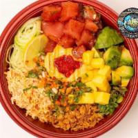 Hawaiian Tuna Poke Bowl · Sushi rice, fresh tuna spicy crab, cucumber, avocado, green onions fried onions, cucumber sa...