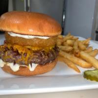 BBQ Bacon Burger · Onion ring, bacon, cheddar cheese, and BBQ sauce.