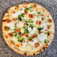 White Veggie Gourmet Pizza · Broccoli or Spinach, Tomatoes, Ricotta & Mozzarella Cheese, Topped With Extra Virgin Olive O...