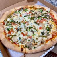 Red Veggie Gourmet Pizza · Mushroom, Tomatoes, Broccoli & Green Peppers.