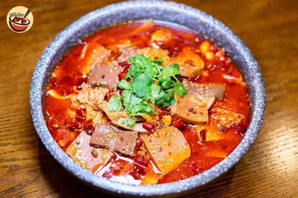 Beef Triple And Duck’s Blood Curd In Spicy Soup 毛血旺 · Chinese cabbage, bean sprouts, Enokitake, sliced beef, fish fillet, intestine, shrimp, quail egg, spam, tripes, ALL IN ONE Szechuan-style Spicy Red Oil Bowl