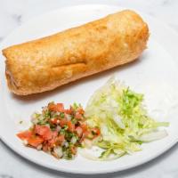 Grilled Chicken Chimichanga · Deep-fried large flour tortillas, stuffed with refried pinto beans, rice, Monterrey Jack che...
