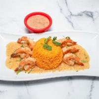 Camarones al Mojo de Ajo Platillo · Sauteed shrimp in garlic sauce served with refried pinto beans, rice, corn or flour tortillas.