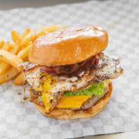 Brunch Turkey Burger · All natural ground Turkey with fried egg and bacon.

Comes with special sauce 