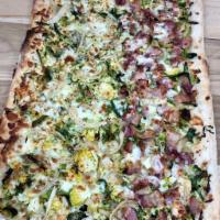 Brussel sprouts, bacon and onions · Seasoned Brussels sprouts, caramelized onions, bacon and mozzarella