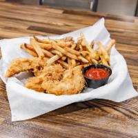 Chicken Fingers · 3 tenders, fried or grilled with fries. Choice of BBQ or honey mustard.