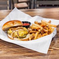 7/10 Split Burger · 1/4 lb. burger, smashed and flash grilled with grilled onions, American cheese, pickles.
