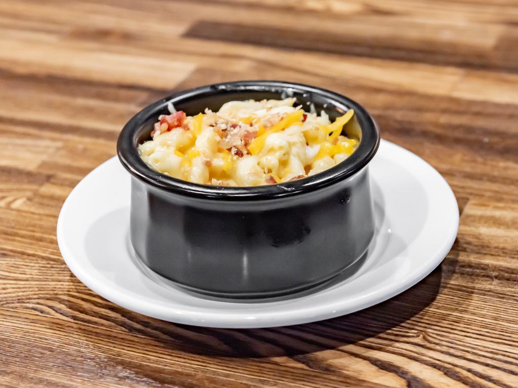 Mac and Cheese · American, cheddar-jack and Gouda cheeses, with bacon bits. Add grilled or blackened chicken for an additional charge.
