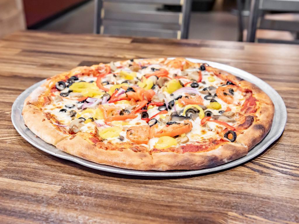 Veggie Pizza · Onion, tomato, mushroom, red pepper, black olives, banana peppers.