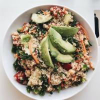 Quinoa Bowl Salad · Quinoa, kale, carrots, cucumber, feta, avocado, green peppers,
tomatoes, scallion, mint, cil...