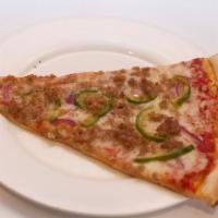 Onion, pepper and sausage slice · Super pizza