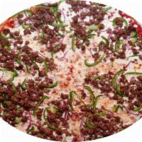 Large Super Pizza · Sauce, oregano, grated mozzarella, red onion, pepper, pepperoni, sausage