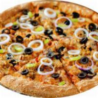 Large Primavera Pizza · Sauce, oregano, grated mozzarella, red onion, pepper, mushroom