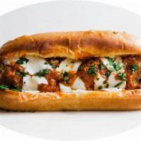 Meatball Parmesan Hero · Served with marinara sauce with melted mozzarella cheese.