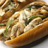 Grilled Chicken Philly Style Sandwich · Served in a seeded semolina hero bread, grilled onion and pepper.
