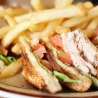 Grilled Chicken Club · With Bacon, Lettuce, Tomato & Mayo. Served with French Fries, Cole Slaw & Pickle.