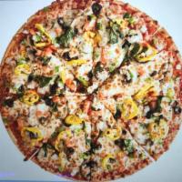 The Veggie Pizza · Our scratch dough, topped with homemade pizza sauce, banana peppers, onions, green peppers, ...