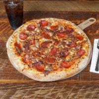 Nice To Meat You · Our scratch dough, topped with homemade pizza sauce, ground beef, pepperoni, Italian sausage...