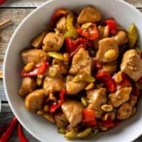 KUNG PAO CHICKEN · chicken thigh, peanuts, szechuan peppers, red chiles, garlic, ginger. served with side rice