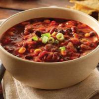 Three Bean Chili Soup · Pinto beans, red chili beans, black beans, sweet corn, bell peppers, and green chilies in sl...